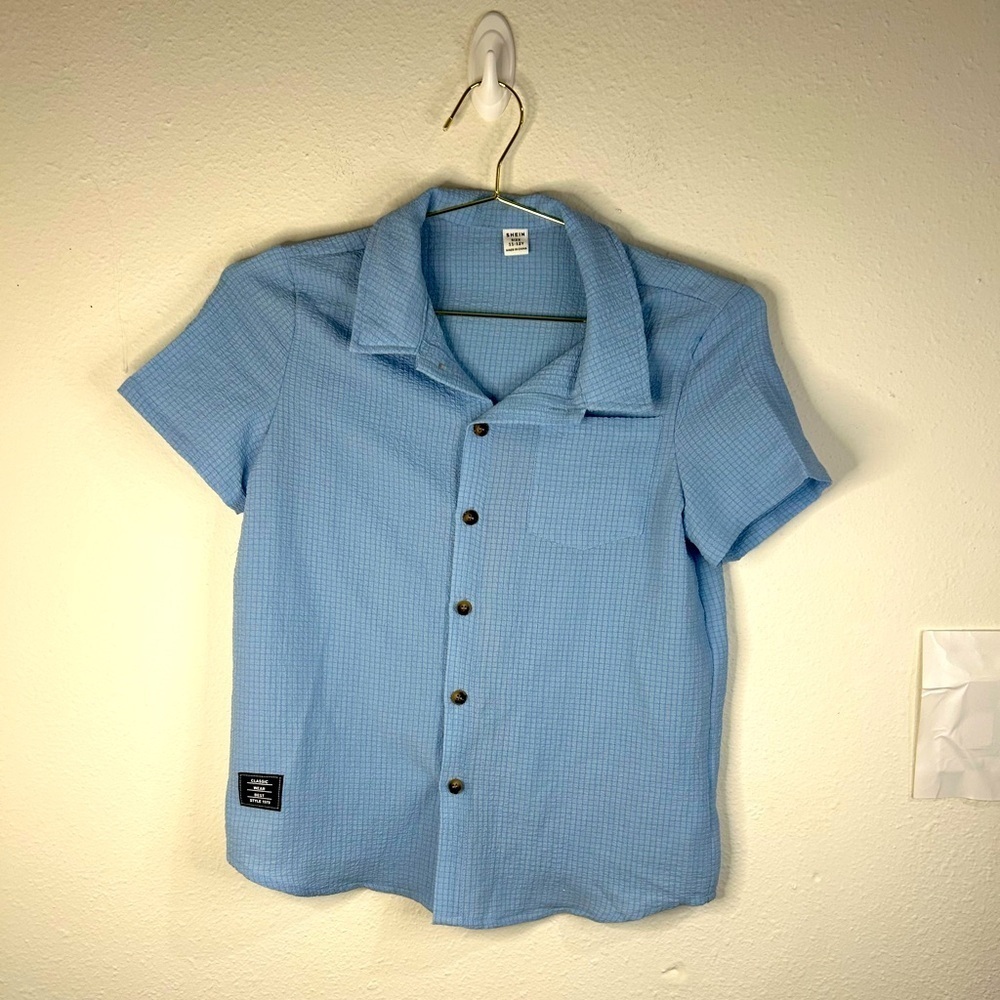 Boys Blue Button Up Shirt SHEIN Size 11/12 Grid Texture Casual Camp Style